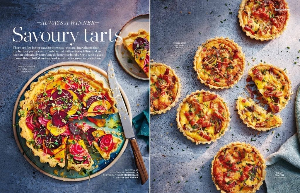 Goats cheese & marinated beetroot quiche editorial shot for Delicious Magazine July 2019