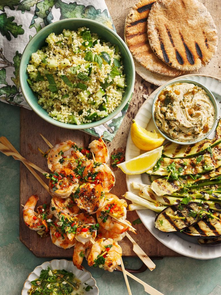 Asda magazine may 2023 Middle Eastern BBQ Prawns Dips Flatbreads
