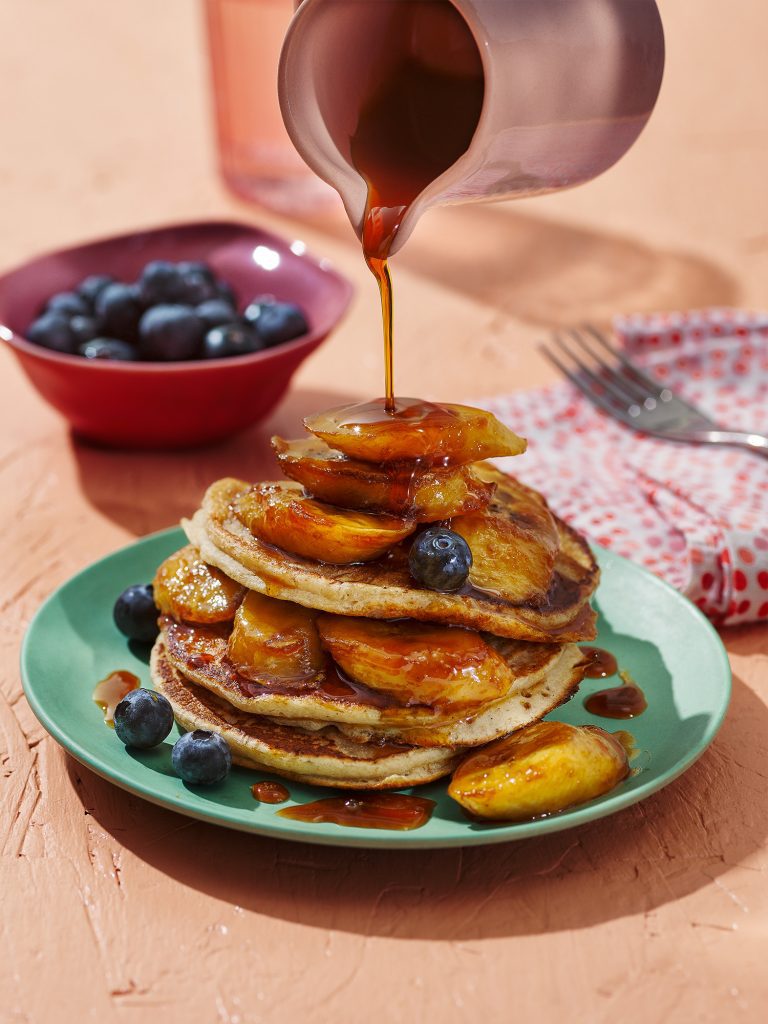 asda magazine vegan banana oat pancakes maple caramelised bananas