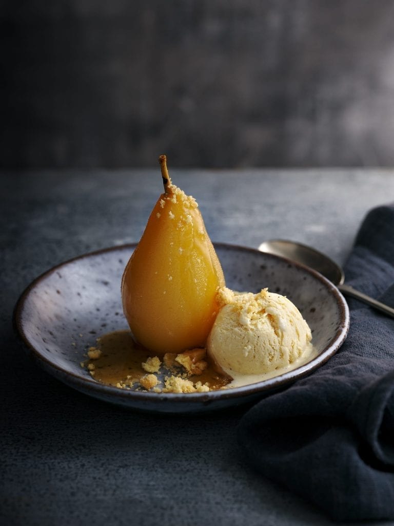Co operative earl grey poached pears vanilla ice cream