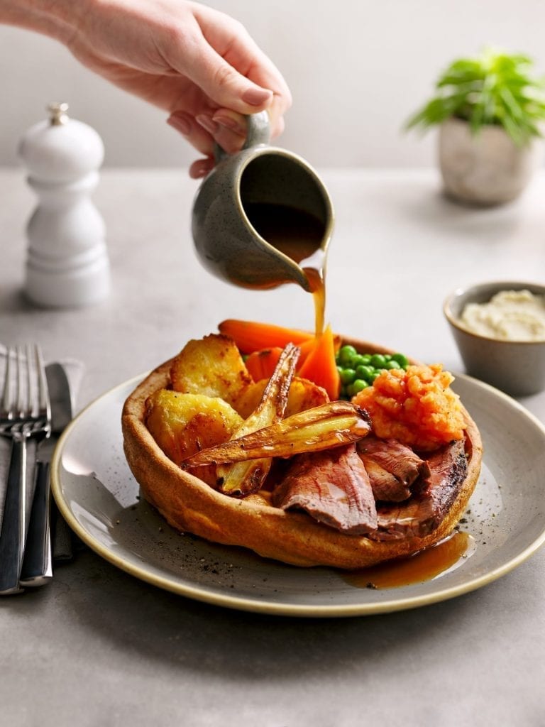 Dobbies garden centre restaurants Roast Beef yorkshire pudding vegetables gravy pour