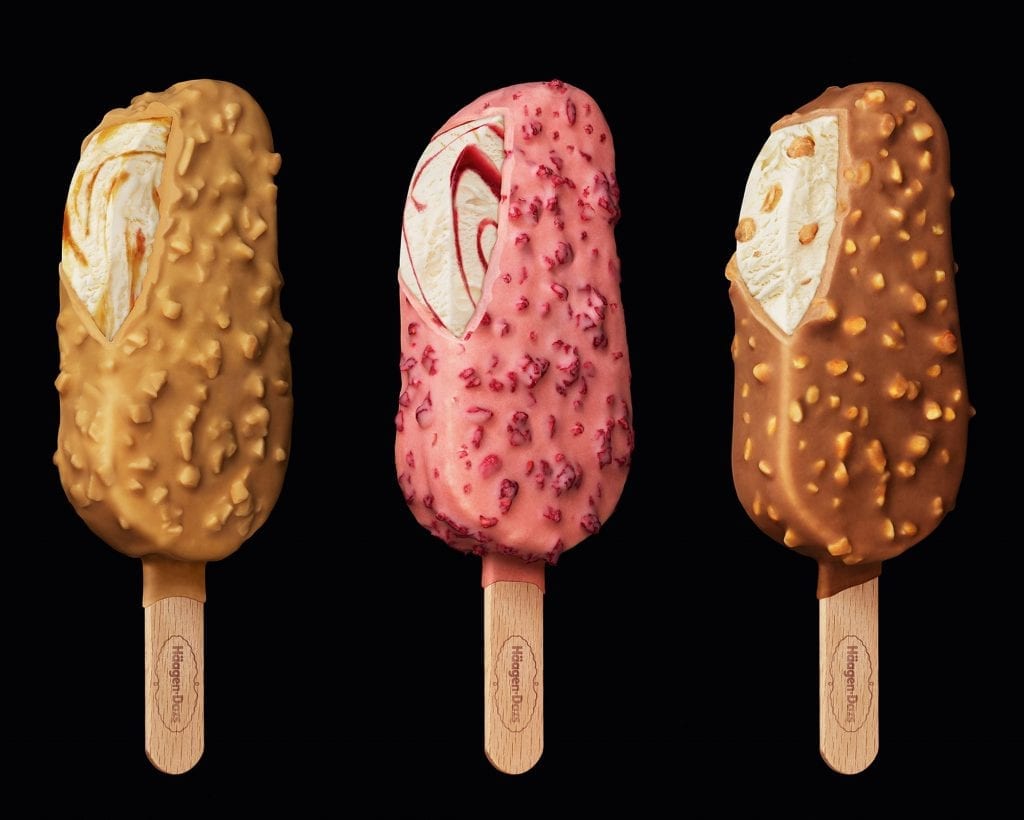 Haagen Dazs caramel, hazelnut and raspberry ice creams packaging shot.