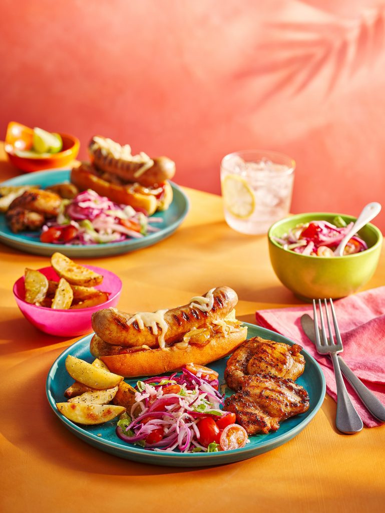 hello fresh magazine summer 23 Jerk Style Chicken Mango Glazed Saus Sweet Potatoes Charred Sweetcorn Slaw