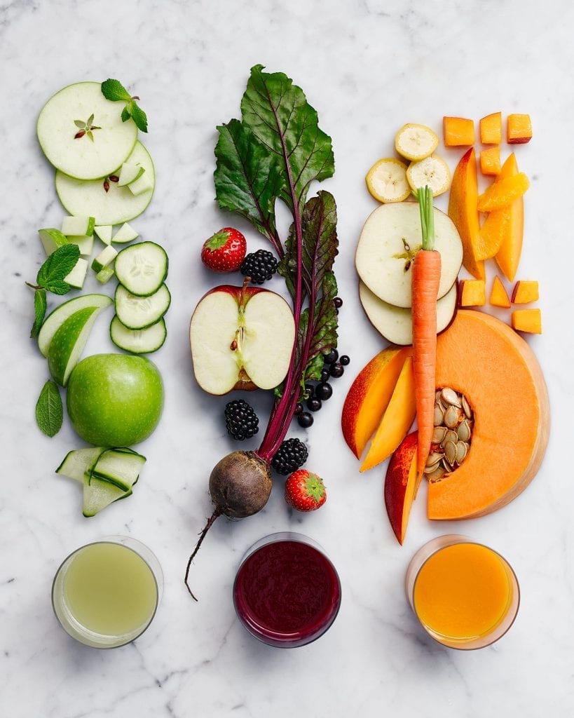 An apple, cucumber and mint smoothie with an apple strawberry blackberries blackcurrant and beetroot option as well as a squash, mango, carrot, banana and apple smoothie. Shot for Marks and Spencer's Adventures In Food and the Cover for their newspaper.