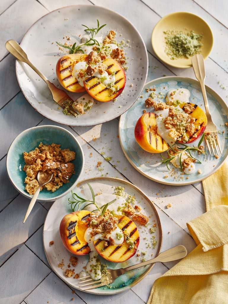 slimming world griddled peaches ricotta amaretti rosemary dust