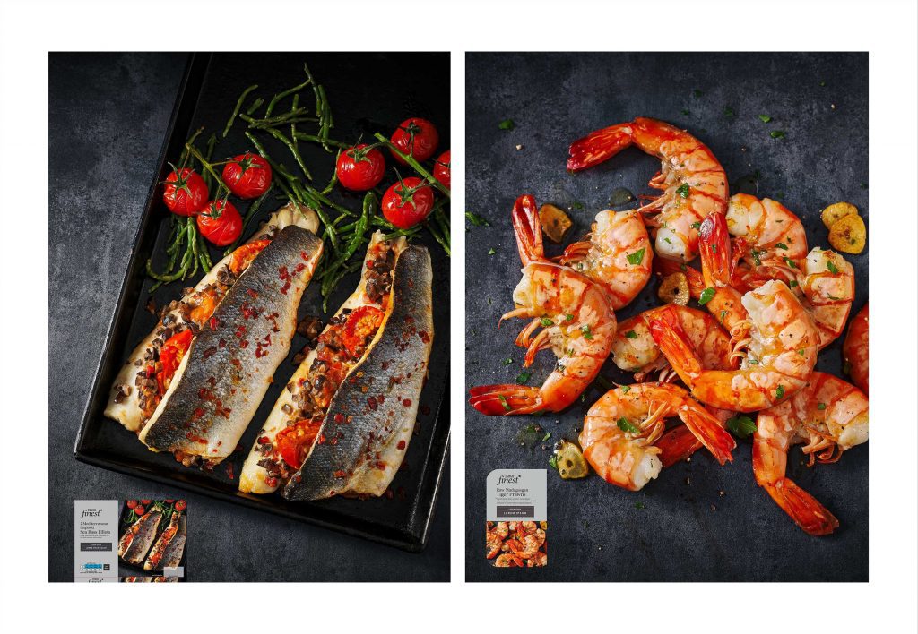 tesco finest fish prawns seabass packaging