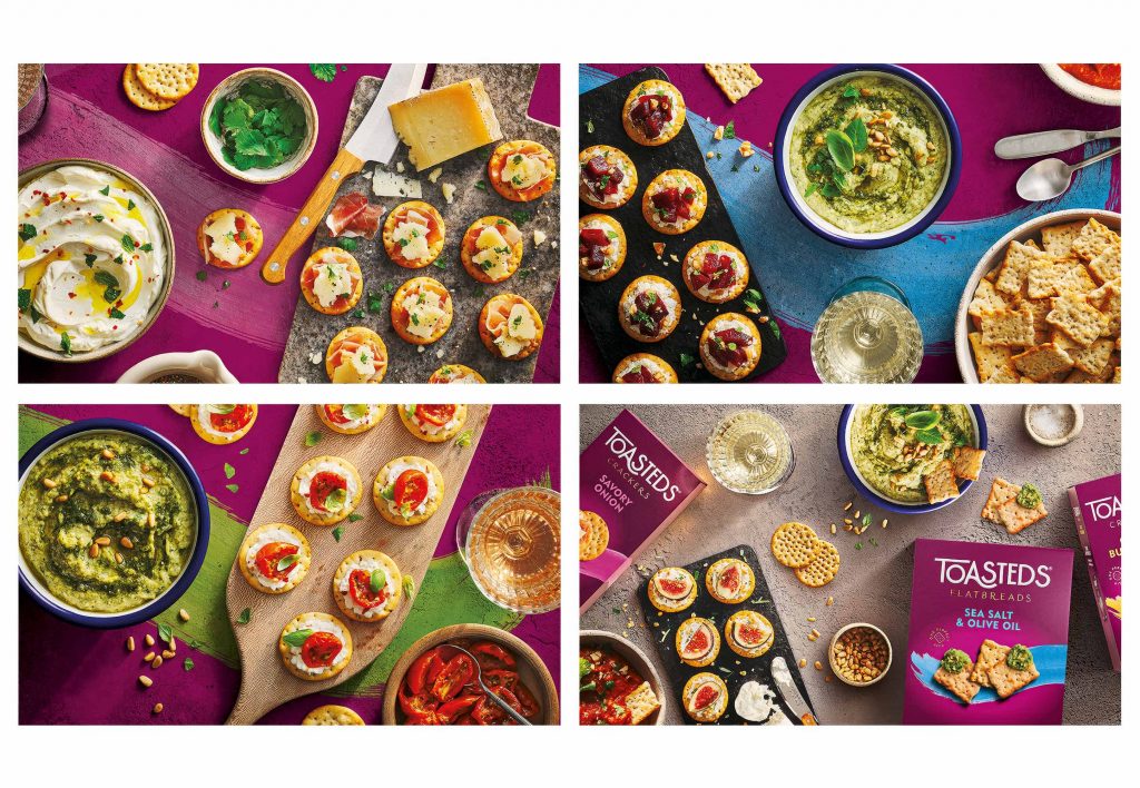 stormbrands toasteds with toppings on crackers and flatbreads