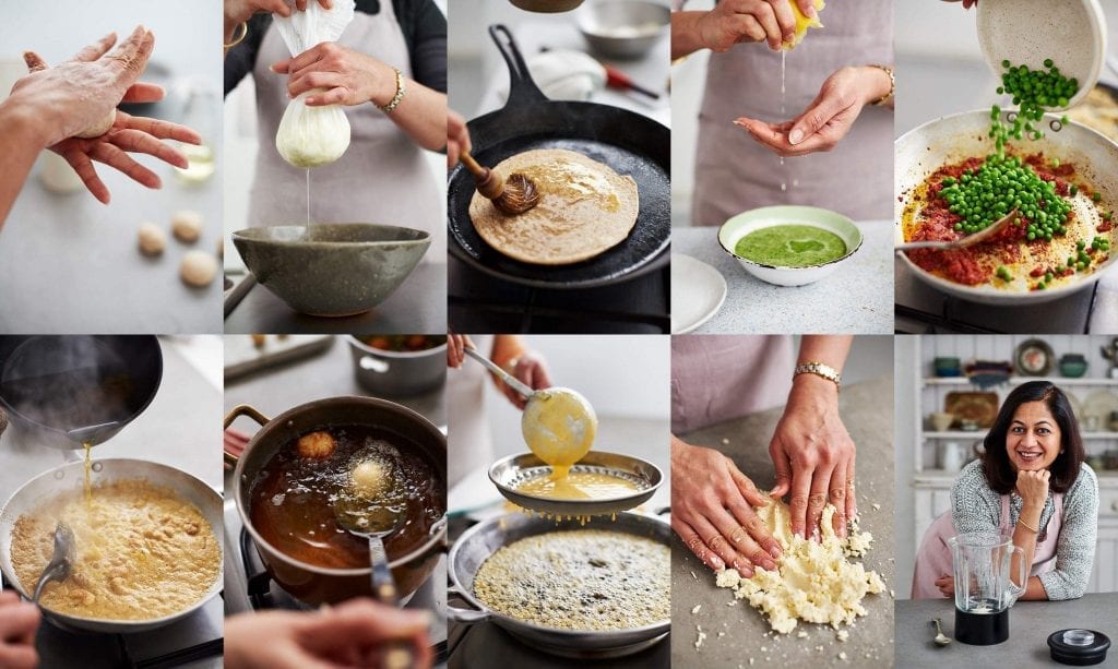 Collage of cooking preparation for Monisha Bharadwaj's Indian Cookery School book by Kyle Books