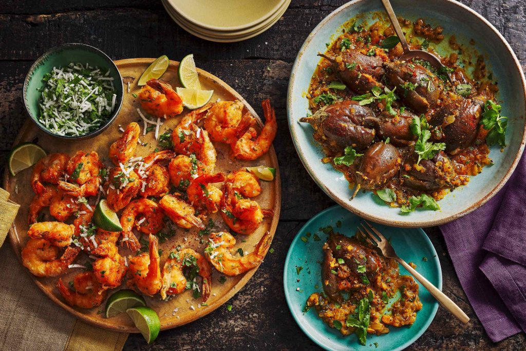 Yatra Watkins book publisher Prawns Ghati Masala & Bharli Vangi Stuffed Aubergine